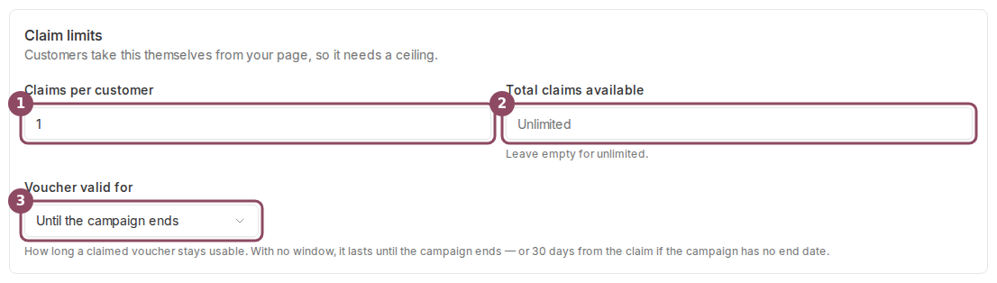 Claim limits panel with claims per customer, total claims available, and voucher valid for