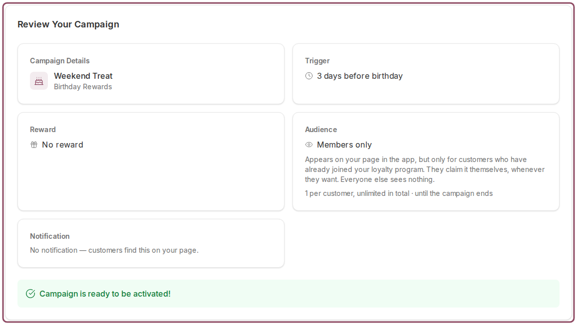 Review step with an Audience card reading Members only and the claim limit summary