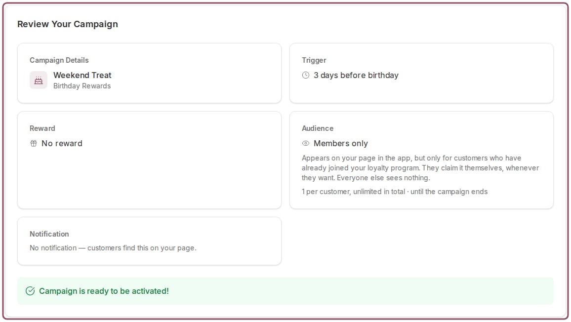 Review step with an Audience card reading Members only and the claim limit summary