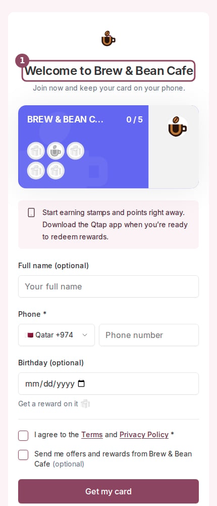 The Qtap join page on a phone, showing Welcome to Brew and Bean Cafe, a stamp card preview at 0 of 5, and a form asking for full name, phone and birthday