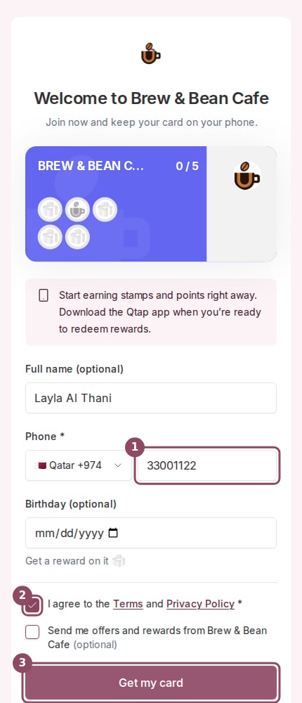 The join form filled in with a name and a Qatar phone number, the Terms checkbox ticked, and the Get my card button
