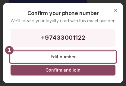 A dialog titled Confirm your phone number showing a full Qatar number with Edit number and Confirm and join buttons