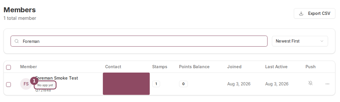 The Members table filtered to one member, showing a No app yet badge under the member name next to their Qtap ID
