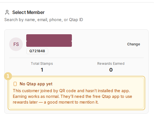 The Select Member panel on Stamp Operations showing an amber No Qtap app yet note under the member's stamp totals
