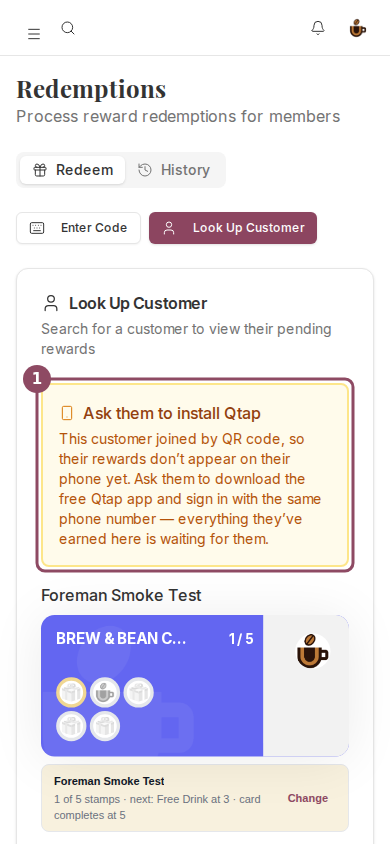 The Redemptions page on a phone-sized screen showing the Ask them to install Qtap notice above the member's stamp card