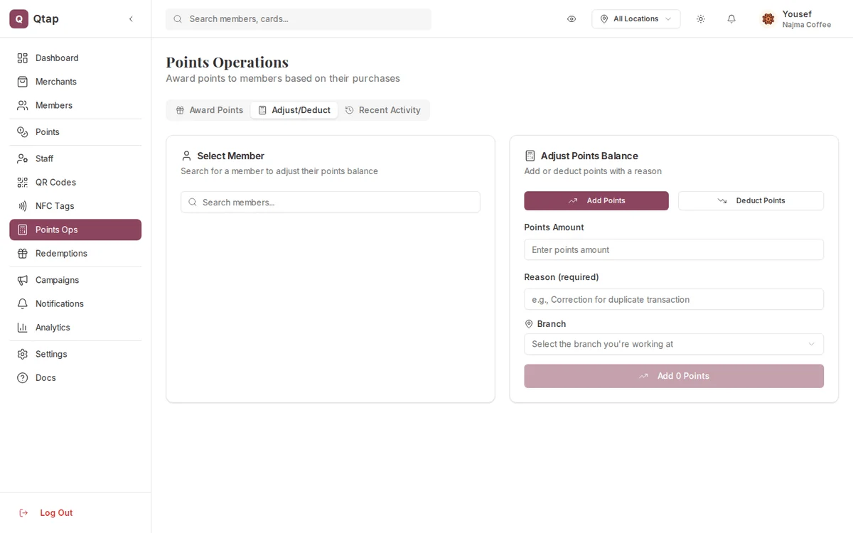 Adjust/Deduct tab on the Points Operations page