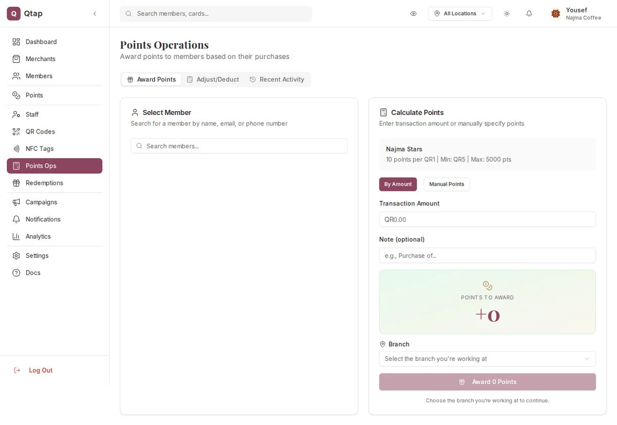 Points Operations page showing the Award Points tab