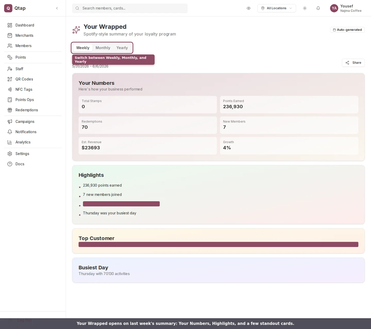 The Your Wrapped page showing the Weekly summary with Your Numbers, Highlights, Top Customer, and Busiest Day cards