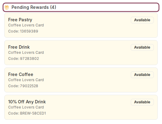 Pending Rewards list showing four available rewards with their codes