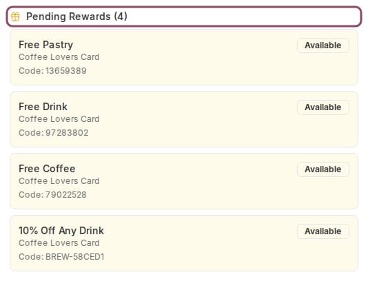Pending Rewards list showing four available rewards with their codes