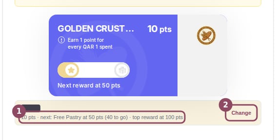 Points card preview showing a 10 point balance and a summary line naming the next reward