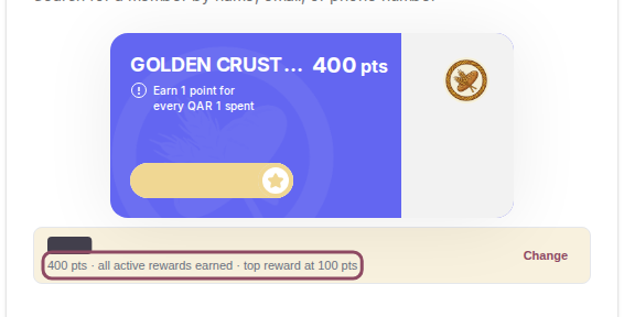 Points card preview reading 400 pts, all active rewards earned, top reward at 100 pts