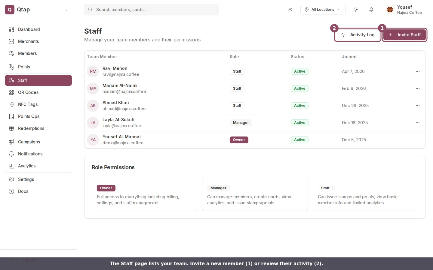 Staff page with the Invite Staff and Activity Log buttons highlighted