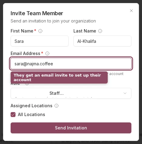 Invite Team Member dialog with name, email, and role fields