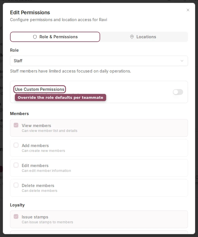 Edit Permissions dialog with the Use Custom Permissions toggle highlighted
