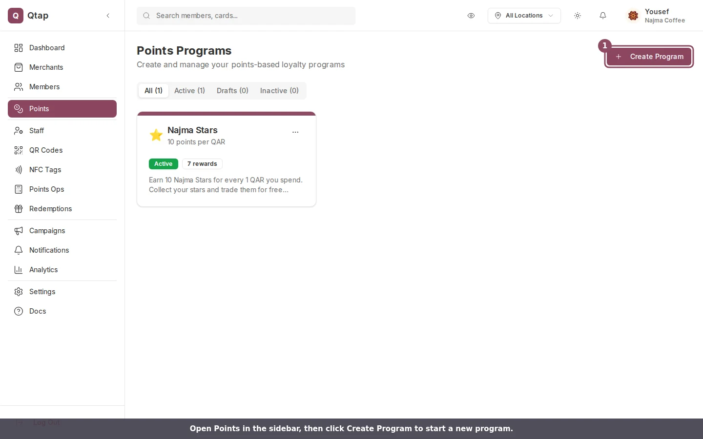 Points Programs page with the Create Program button highlighted