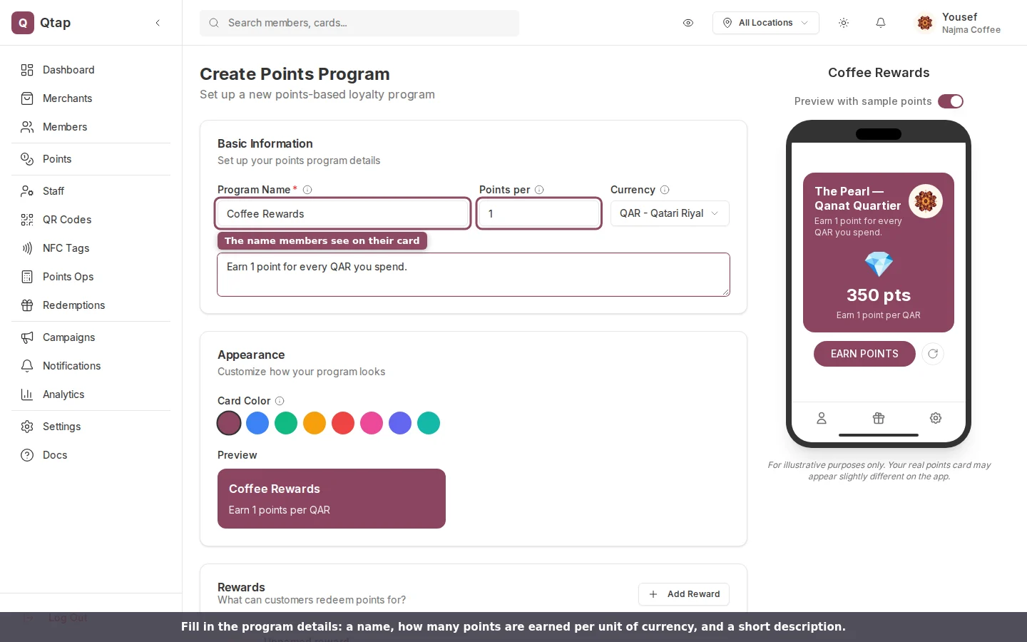 New points program form showing the name, points per currency, description, and live preview