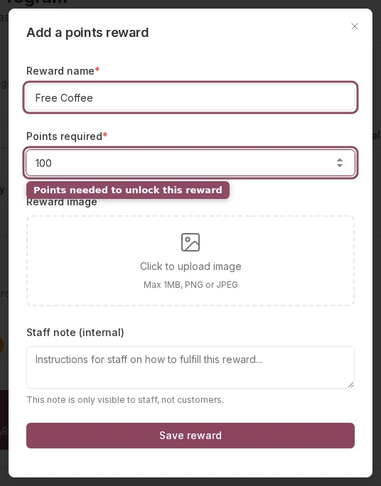 Add a points reward dialog with reward name and points required filled in