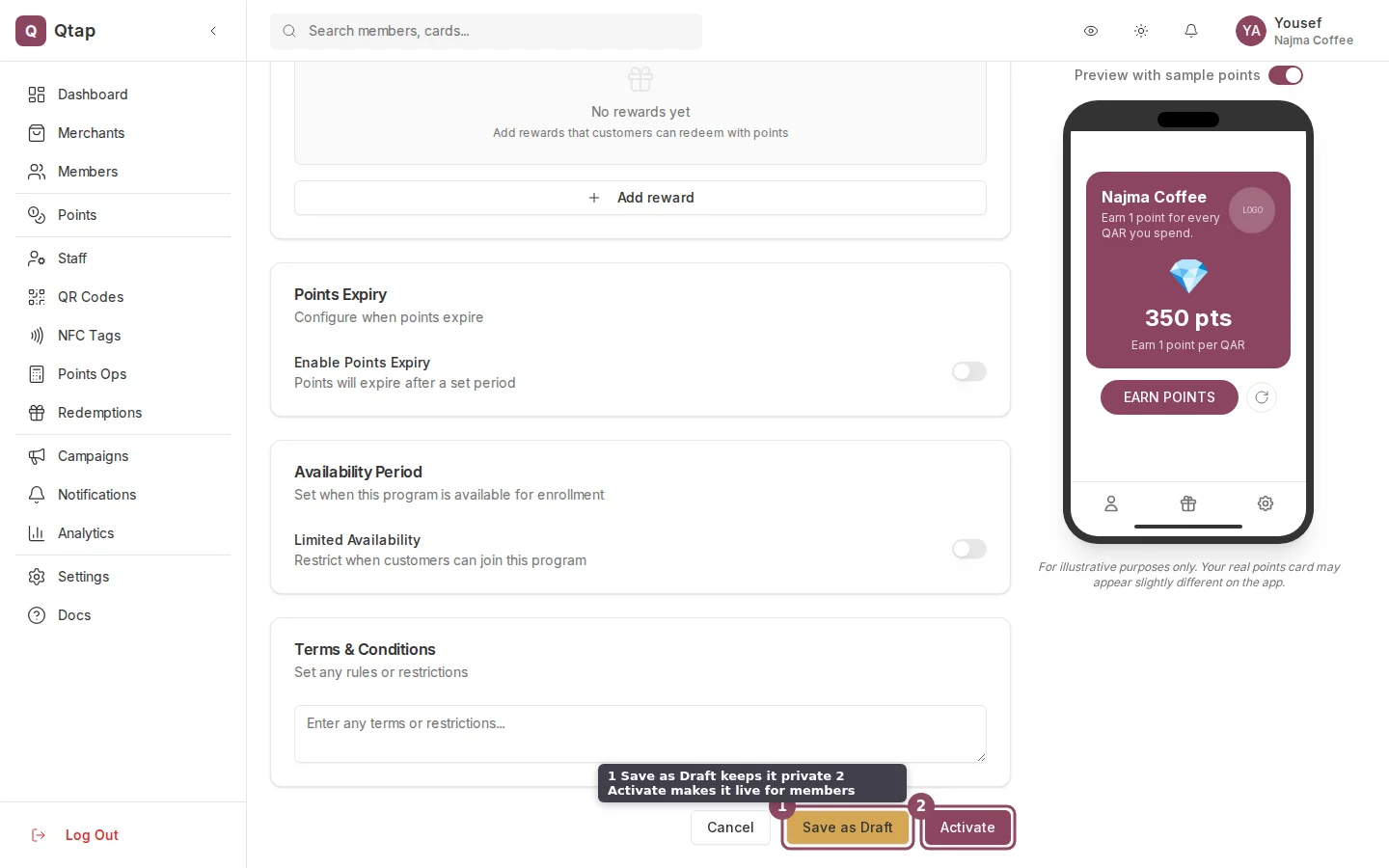 Bottom of the points program form showing the Save as Draft and Activate buttons