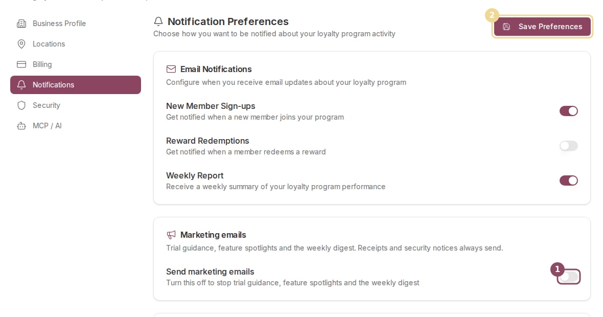 The Notification Preferences page with the marketing switch off and the Save Preferences button active
