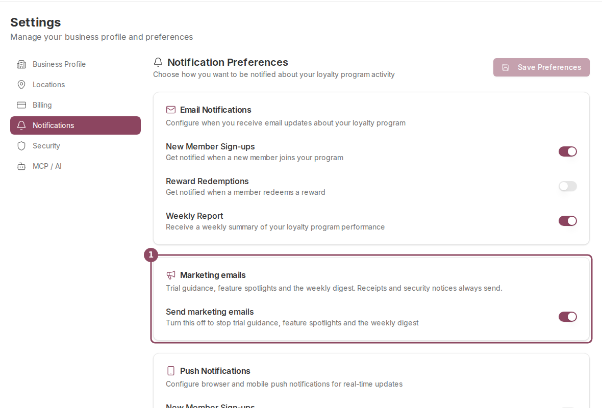 The Notification Preferences page with the Marketing emails card outlined