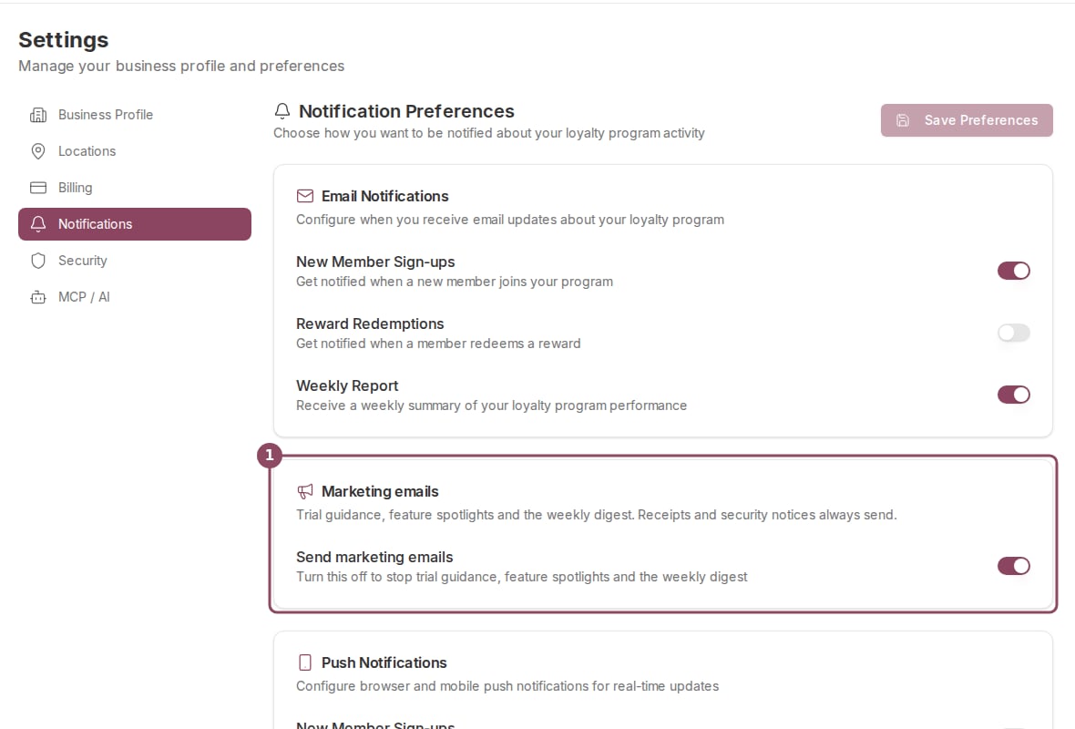 The Notification Preferences page with the Marketing emails card outlined