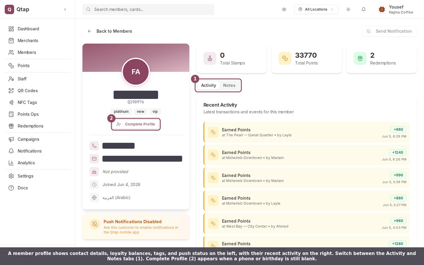 A member profile page showing the contact sidebar, loyalty balances, and the Activity tab