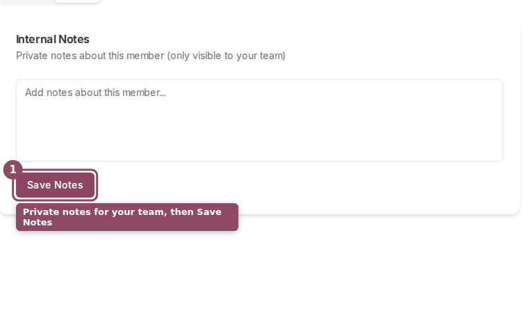 The Notes tab on a member profile with the internal notes text area and Save Notes button