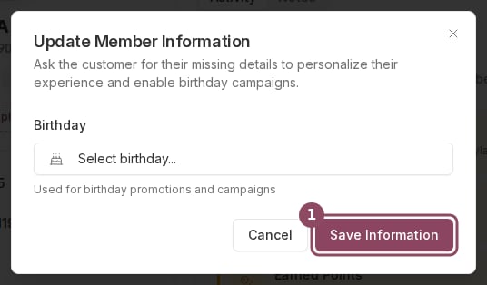 The Update Member Information dialog with a birthday field and Save Information button