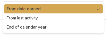 The Expiry Type dropdown open, showing From date earned, From last activity, and End of calendar year