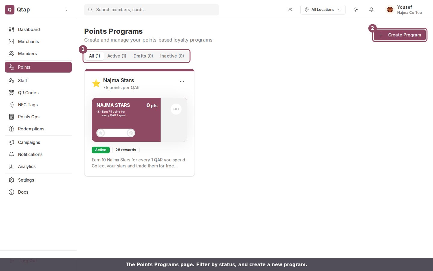 The Points Programs page showing a program card with an Active status badge, the All, Active, Drafts, and Inactive filter tabs, and the Create Program button