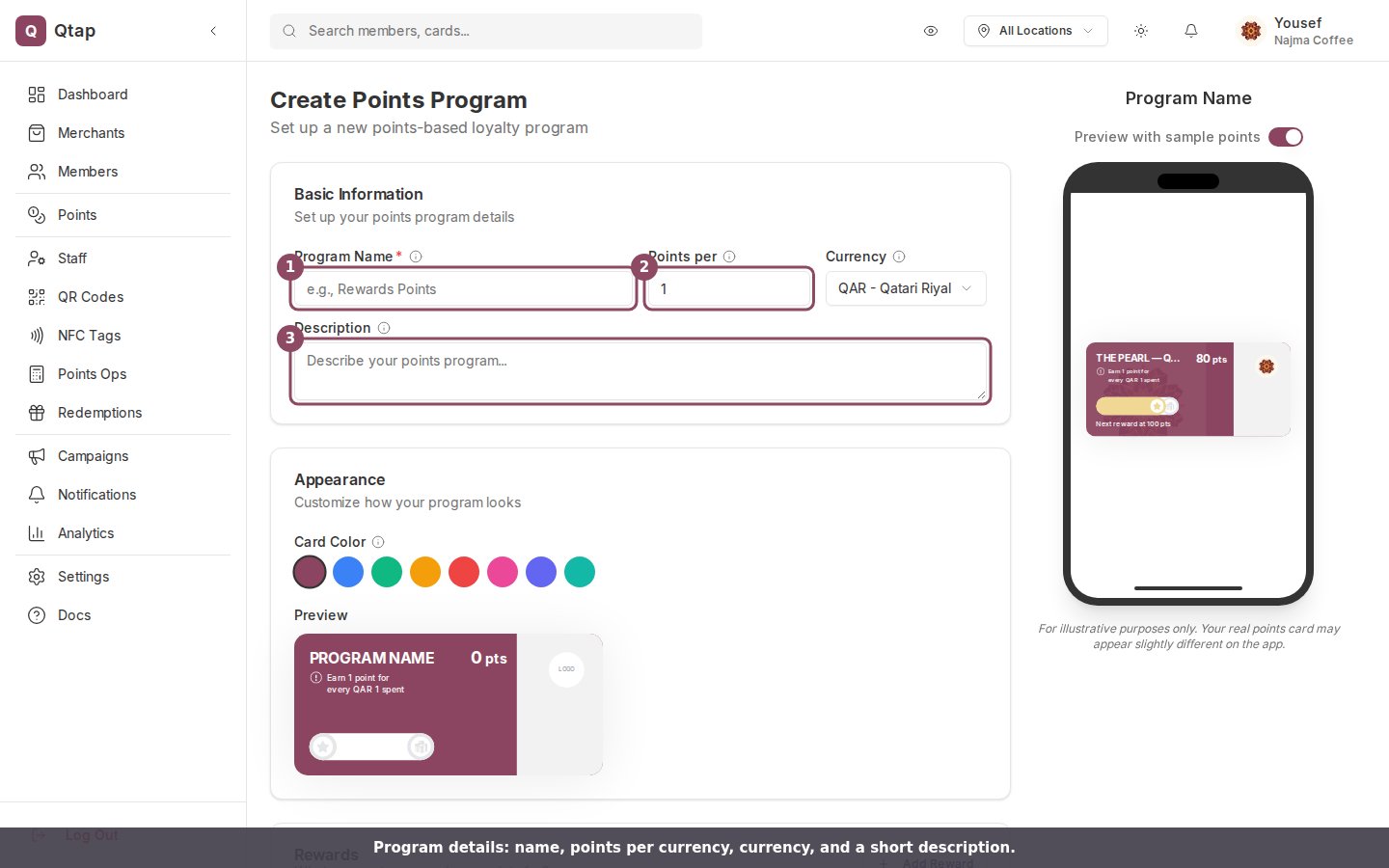 The Create Points Program form showing the Program Name, Points per, Currency, and Description fields, the Card Color swatches, and a phone preview of the points card
