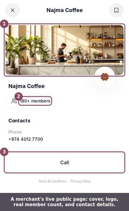 The public merchant page for Najma Coffee showing a cover photo, logo, the title, a 180-plus members chip, a phone number, and a Call button
