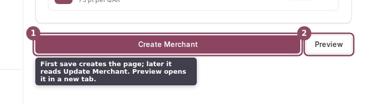 The Create Merchant and Preview buttons boxed