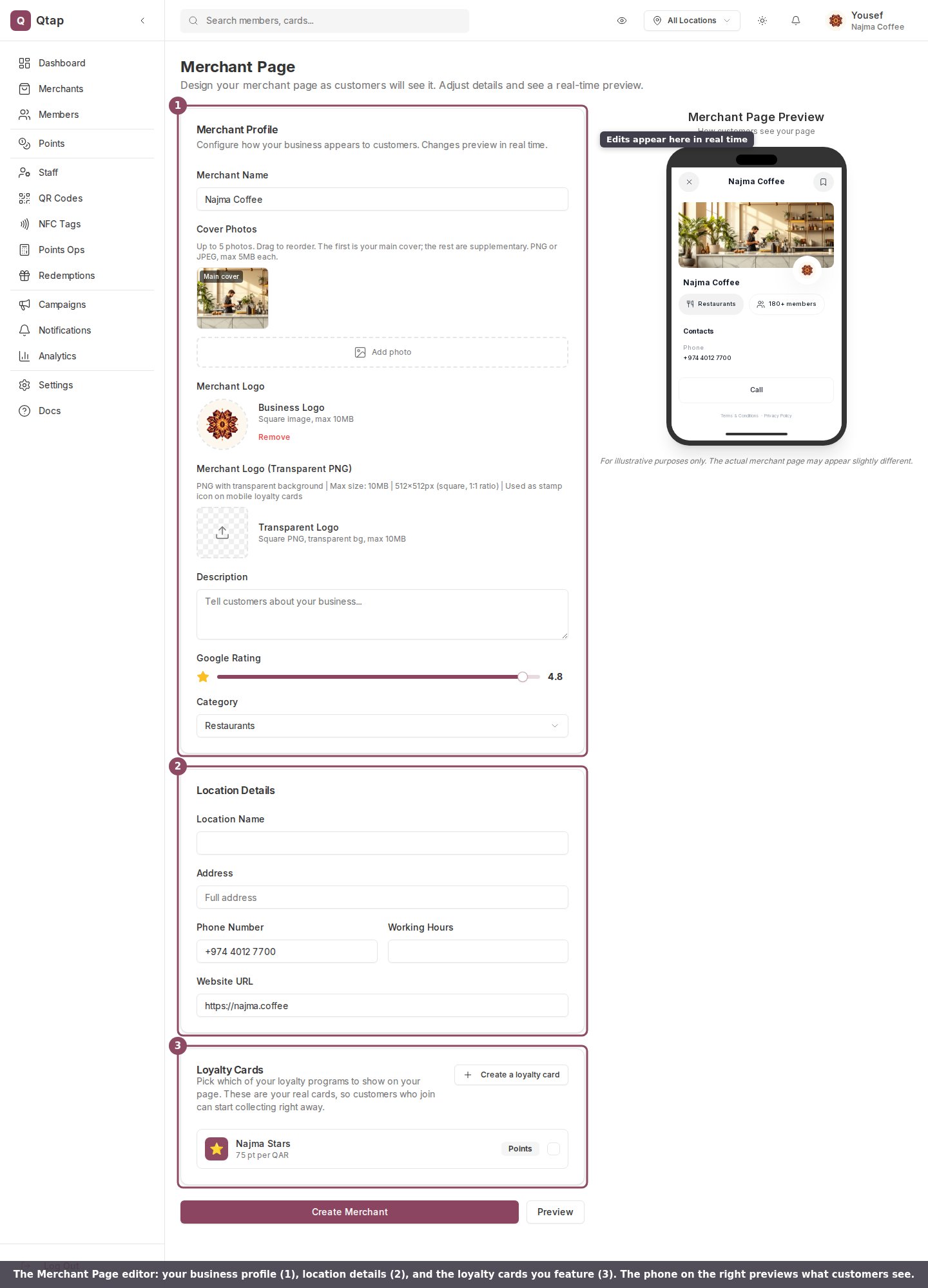 The Merchant Page editor with the three sections numbered and a phone preview
