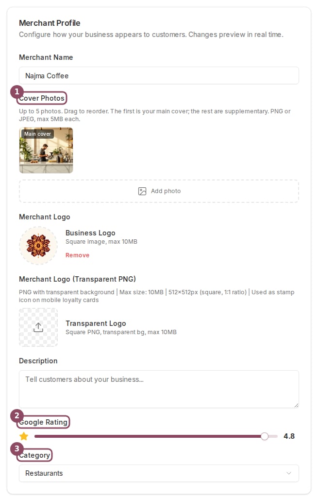 The Merchant Profile section with cover photos, Google rating, and category boxed