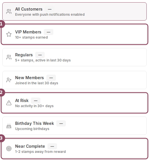 The audience segment picker showing seven segments: All Customers, VIP Members, Regulars, New Members, At Risk, Birthday This Week, and Near Complete, each with a short description.