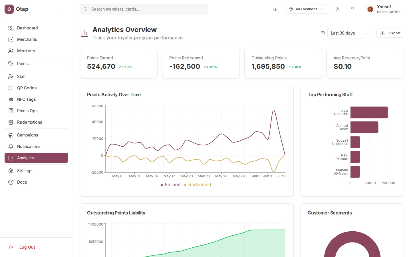 Analytics Overview showing key metrics and charts for a loyalty program
