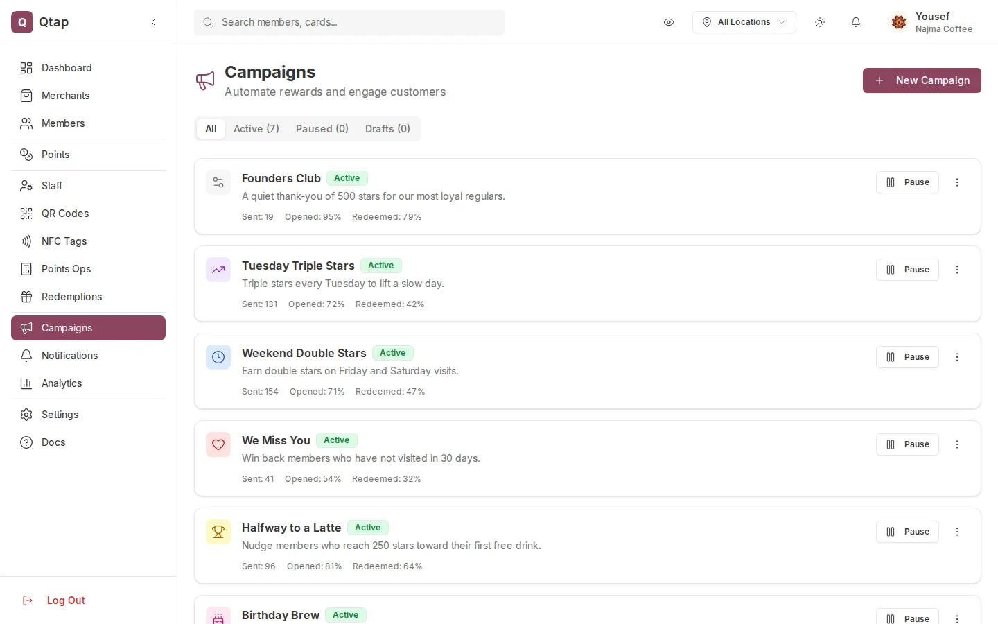 Campaigns page listing existing campaigns and their status