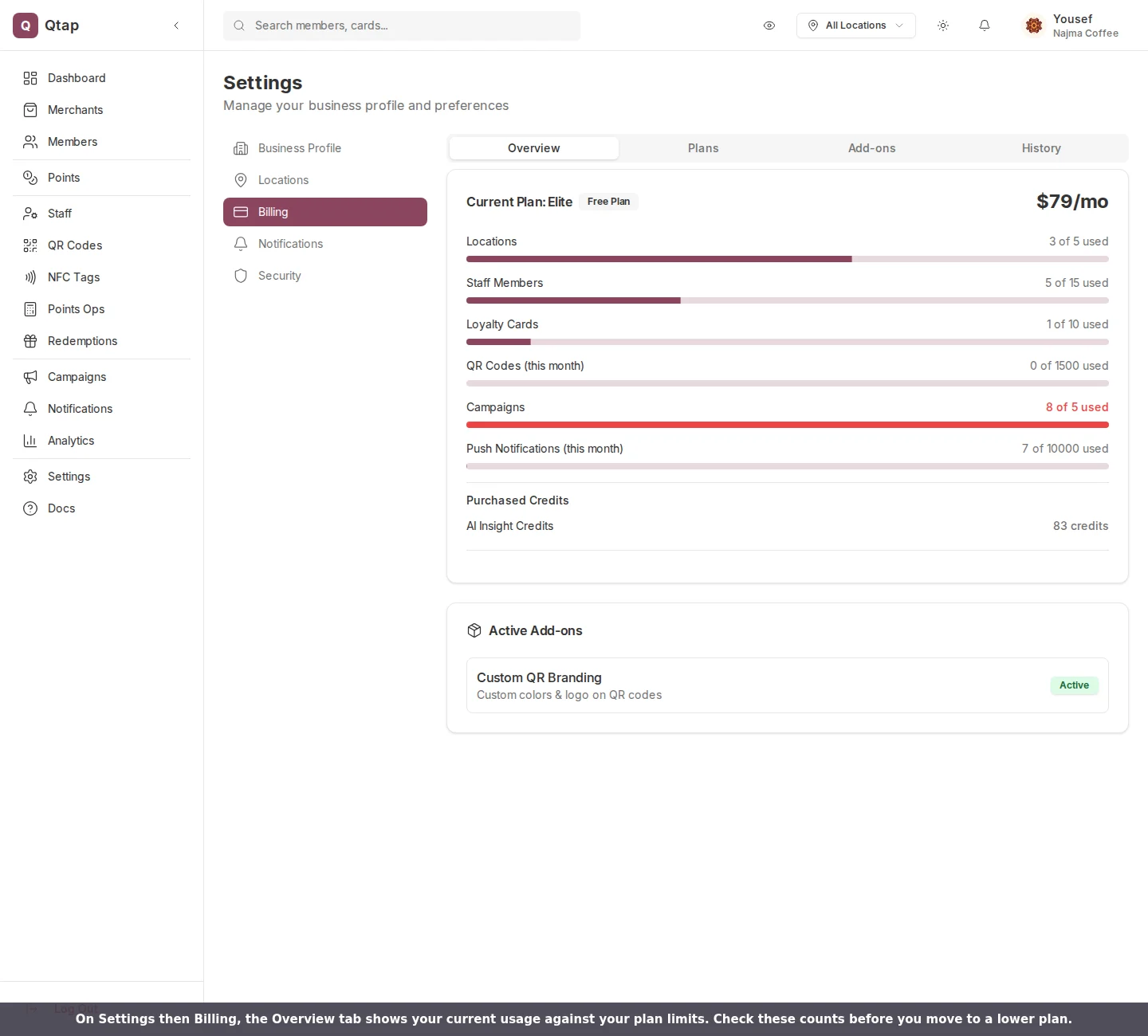 Billing Overview tab showing usage meters for locations, staff, loyalty cards, QR codes, campaigns, and push notifications