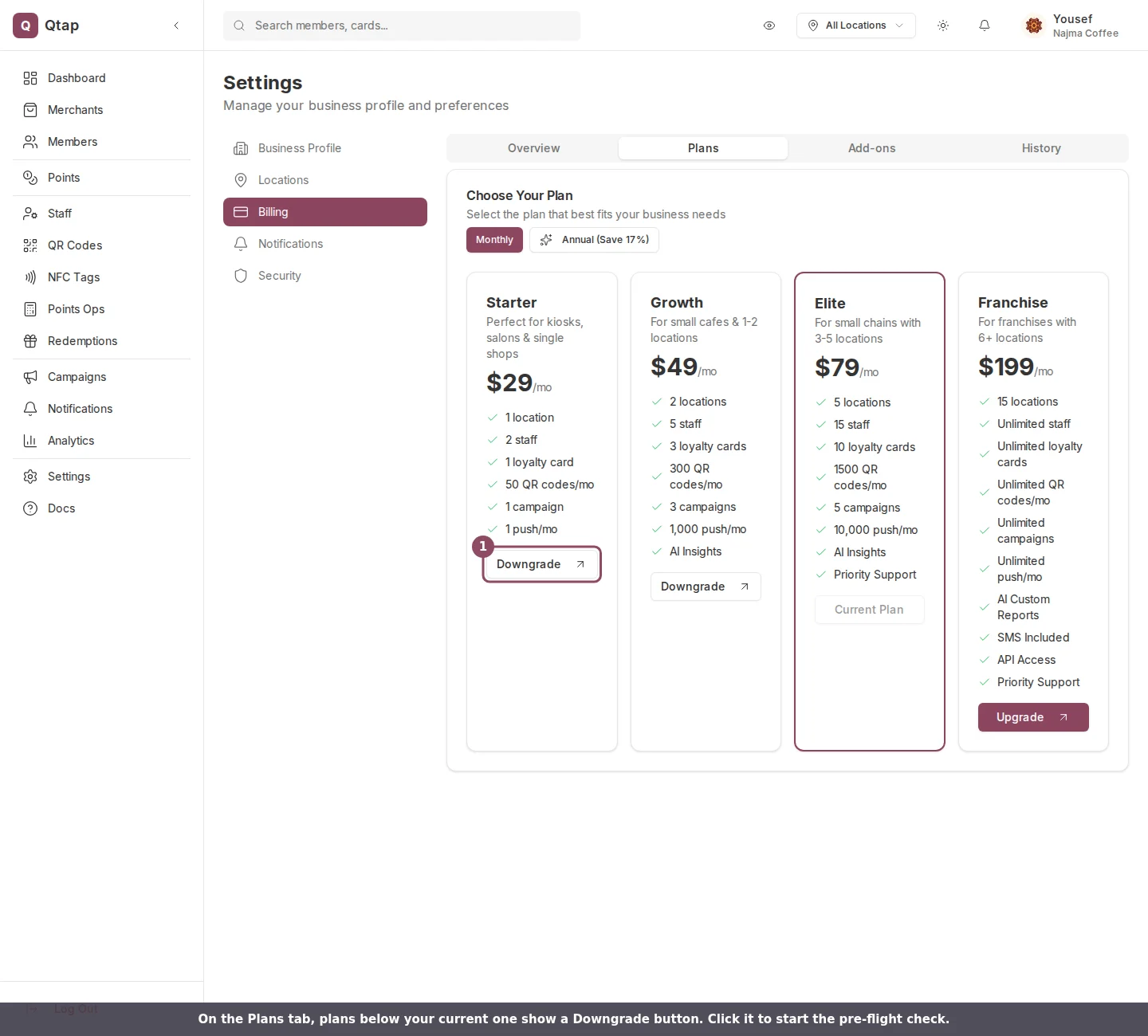 Plans tab with Starter and Growth showing Downgrade buttons below the current Elite plan