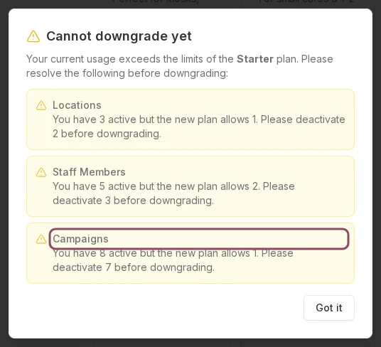 Cannot downgrade yet dialog listing locations, staff members, and campaigns that exceed the Starter plan