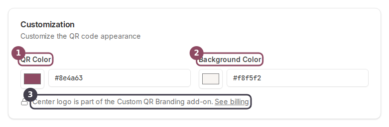 The Customization card with the QR Color and Background Color fields and the locked center logo row