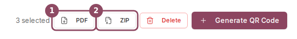 The QR Codes header bar showing 3 selected with the PDF and ZIP export buttons highlighted
