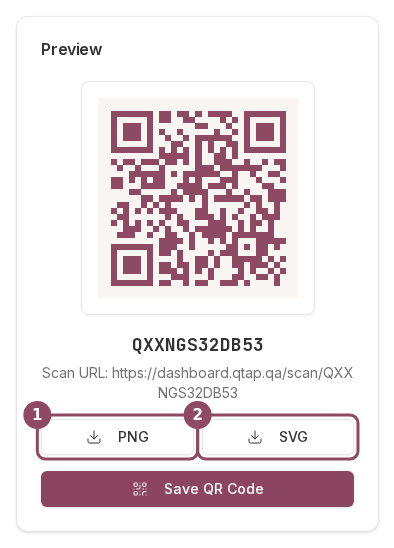 The Preview card showing a recolored QR code with the PNG and SVG download buttons