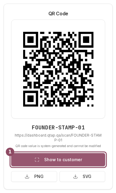 A QR code's detail page with the Show to customer button highlighted