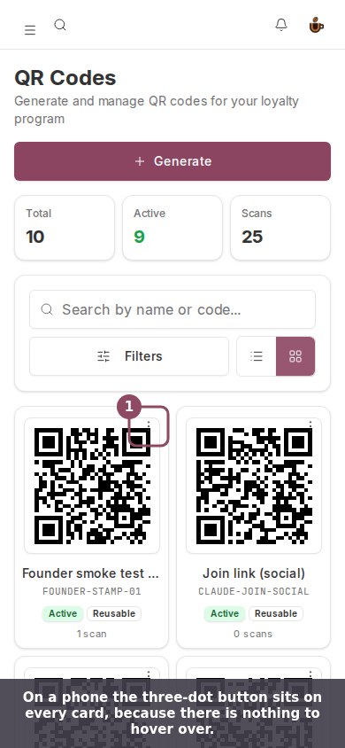 The QR Codes gallery on a phone, two cards per row, with a card menu button marked