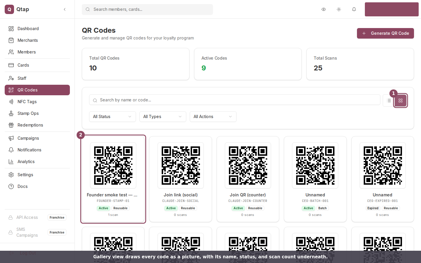 The QR Codes page in Gallery view, with the view toggle and one code card marked