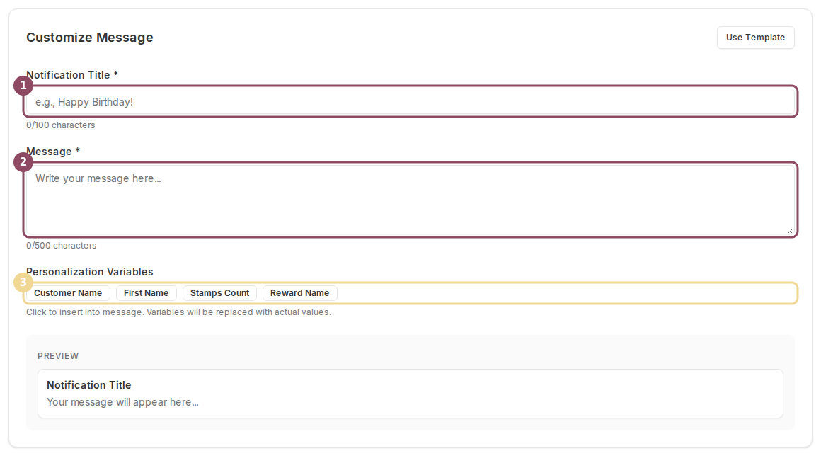 The Message step of the campaign wizard with the title field, message field, and personalization variables