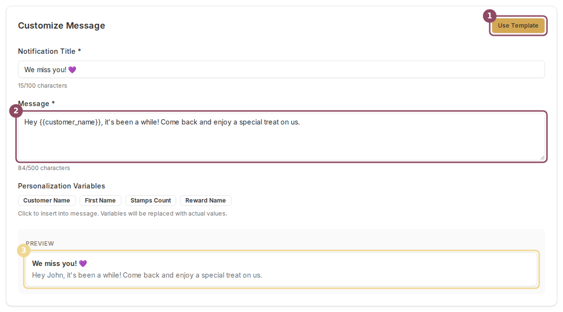 The Message step after clicking Use Template, showing a filled win-back title and message with a live preview